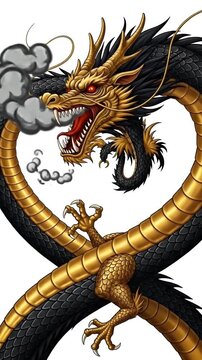 Black Gold Chinese Dragon Loops Infinity Symbol Fierce Eyes Red Glow