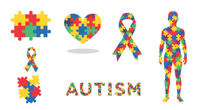 A collection of colorful puzzle piece symbols for Autism Awareness, including a heart, ribbon, and human silhouette illustration.