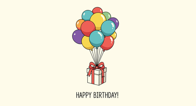 A charming hand-drawn happy birthday card design featuring a gift box with a red bow being lifted by a bunch of colorful balloons.