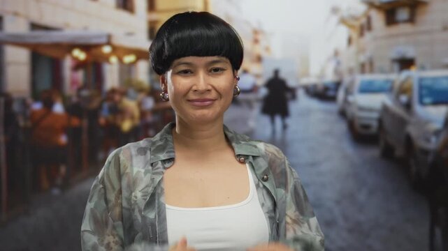 Woman outdoors with a playful expression on a terrace in a busy street with cars, showcasing protection gestures and layered clothing in an outdoor urban restaurant setting.