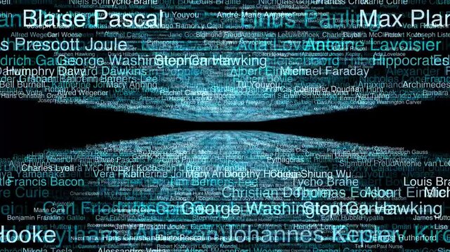 A dizzying, fast-moving landscape composed entirely of the names of famous scientists and thinkers. The text flows like a rolling terrain, creating a "knowledge" landscape through which the camera fli