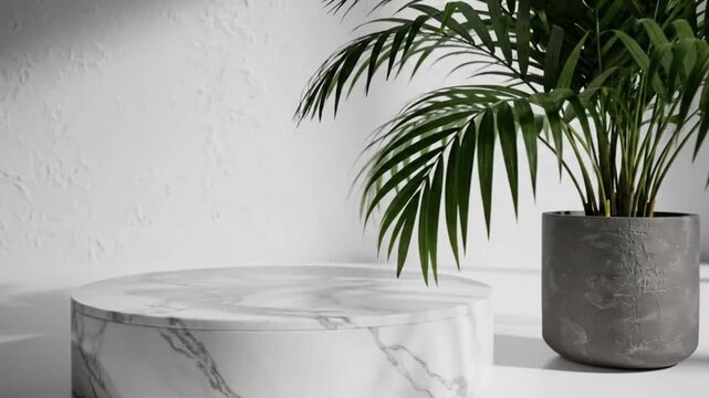 A marble podium and potted plant on a white surface against a textured white wall