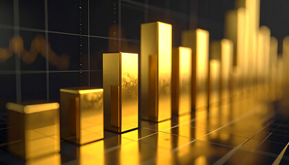 Golden Bar Graph Showing Upward Trend With Financial Data Overlay rising