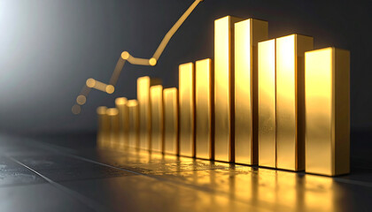 Golden bar chart with ascending line graph on dark reflective surface image photo
