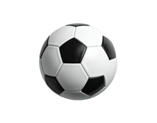 A soccer ball with black and white panels, isolated on a black backdrop
