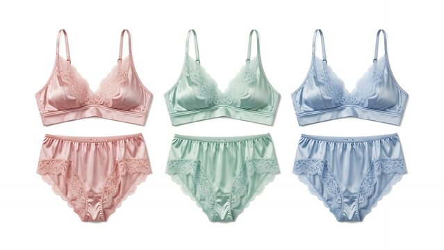 Elegant Satin Bra and Panty Lingerie Sets with Lace Trim in Pink, Green, and Blue