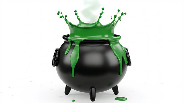 Black Witch Cauldron Bubbling Green Potion with Smoke and Splashes