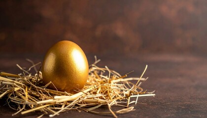 A golden Easter egg with hay on dark brown background.