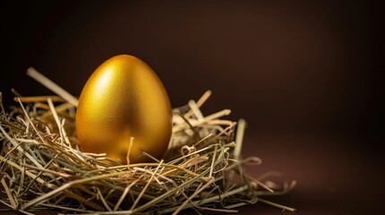A golden Easter egg with hay on dark brown background.