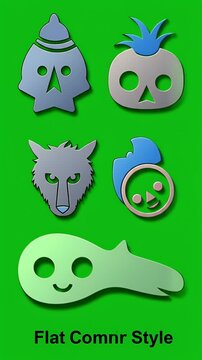 Animated Flat Color Icons of Skulls Wolf Cute Character and Abstract Shapes