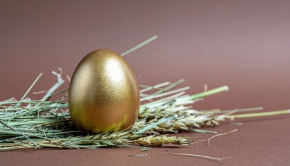 A golden Easter egg with hay on dark brown background.