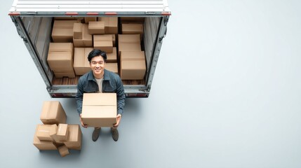 A smiling man holds a box outside a delivery truck filled with packages, showcasing a busy logistics or moving scenario.