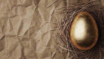 A golden Easter egg with hay on dark brown background.