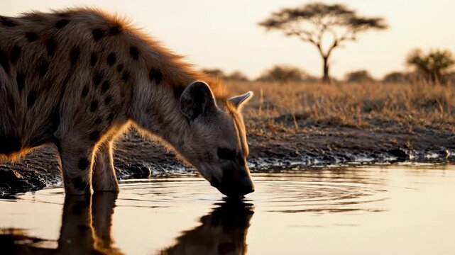 Spotted hyena drinking from savannah waterhole.