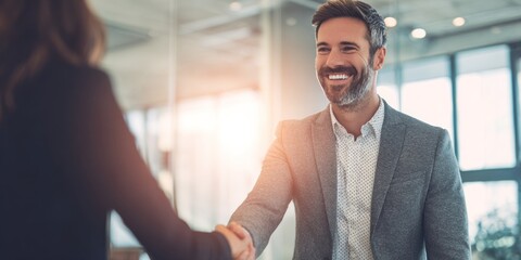 A smiling man in a suit shakes hands with another person in a modern office setting, exuding professionalism and positivity.