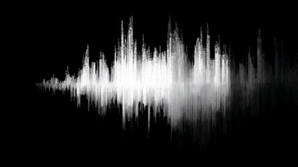 A monochromatic sound wave graphic displays varying heights against a black background, suggesting audio dynamics and intensity.