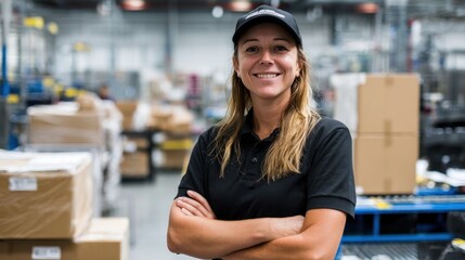 A smiling woman stands confidently in a warehouse, surrounded by boxes and equipment, showcasing a positive work environment.