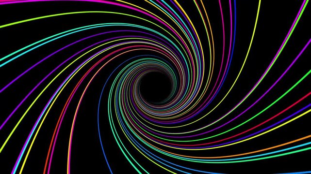 A clean, high-contrast animation of smooth rainbow-colored lines spiraling into a central abyss. Unlike the dotted version, these lines are solid and fluid, creating a more streamlined, "endless runne