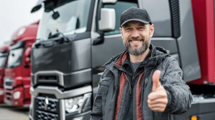 A smiling truck driver gives a thumbs-up in front of large trucks, exuding confidence and professionalism in the transportation industry.