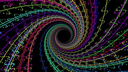 A vibrant, psychedelic animation featuring a swirling vortex of multi-colored dotted lines. The spiral creates a hypnotic "tunnel" effect with intricate, wavy patterns that appear to pulse and move to - Powered by Adobe
