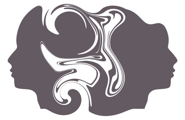 Metaphor bipolar disorder mind mental. Split personality. Concept mood disorder. Two head silhouette. Psychology and mental health. Dual personality concept.