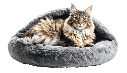 Fluffy tabby cat rests in a soft, gray, faux fur hooded bed