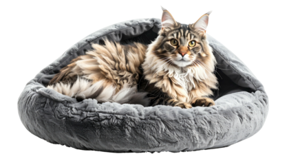 Fluffy tabby cat rests in a soft, gray, faux fur hooded bed