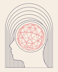 Profile of the head of a man with wireframe sphere inside. Psychotherapy and personality growth concept.