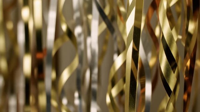 Macro close-up of metallic party streamer ribbons gently swaying in breeze with soft light glint, color palette gold/silver, subtle depth-of-field, 4K