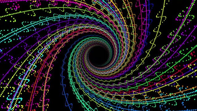 A vibrant, psychedelic animation featuring a swirling vortex of multi-colored dotted lines. The spiral creates a hypnotic "tunnel" effect with intricate, wavy patterns that appear to pulse and move to