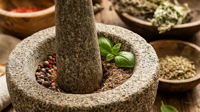 Ancestral stone mortar and pestle with fresh basil herb and mixed spice for natural health enhancing traditional kitchen cooking and wellness