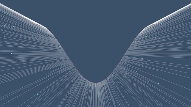 A majestic, wide-angle animation where white lines and cyan nodes form a vast, curved valley or a "U" shape against a dark background. It looks like a digital landscape or a monumental data structure.