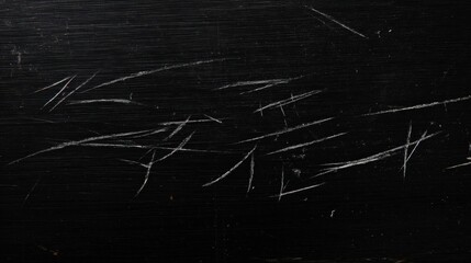 A close-up of a scratched black surface, featuring uneven, white lines and marks that create a textured, abstract appearance.