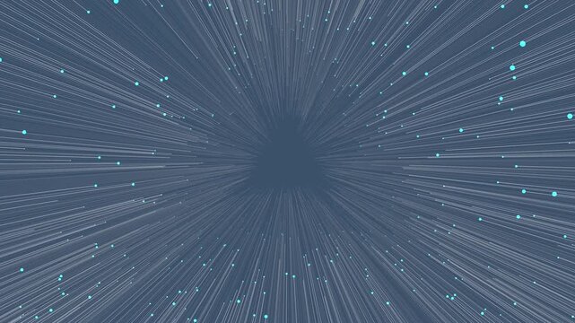 A symmetrical composition where hundreds of thin lines and blue nodes point inward toward a central triangular void. The effect is that of traveling through a starfield or a digital tunnel toward a sp
