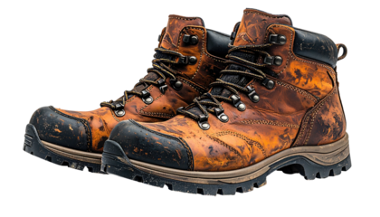 Pair of well-worn, leather work boots with laces and tread soles