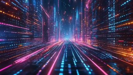 A futuristic digital corridor with vibrant neon lights and data streams, viewed from a central perspective, showcasing technology and modern architecture. - Powered by Adobe