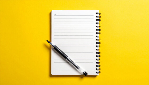 Open spiral bound notebook with lined pages and a black pen on a bright yellow background Keywords: notebook, open