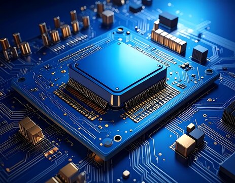 Close-up of a central processing unit (CPU) on a blue circuit board. It shows chips, processors, and solder points - Powered by Adobe