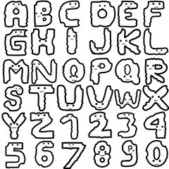 Fototapeta premium Cute alphabet and number character with flat expressions and highlighted heart eyes, an outline black and white illustration set for stickers, emoji, and coloring books. 