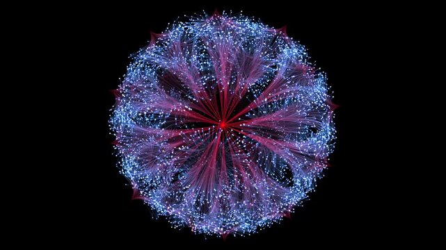 A complex spherical network of red and blue fibers connecting thousands of tiny white nodes, resembling a neural network or celestial body.