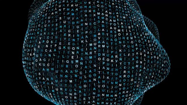 Morphing, organic 3D shape composed of a dense grid of glowing teal and white alphanumeric characters shifting in a dark void.