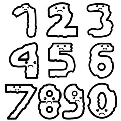Cute number character with sad expressions and highlighted heart eyes, an outline black and white illustration set for stickers, emoji, and coloring books.  