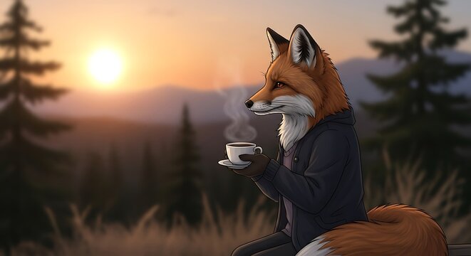 Illustration of a fox drinking coffee outdoors.