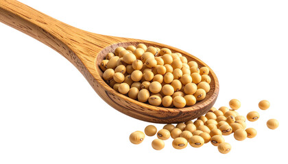 Beige legumes spilling from a wooden spoon against a transparent backdrop