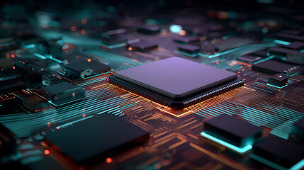 Close-up of a microchip on a modern circuit board with glowing neon lights