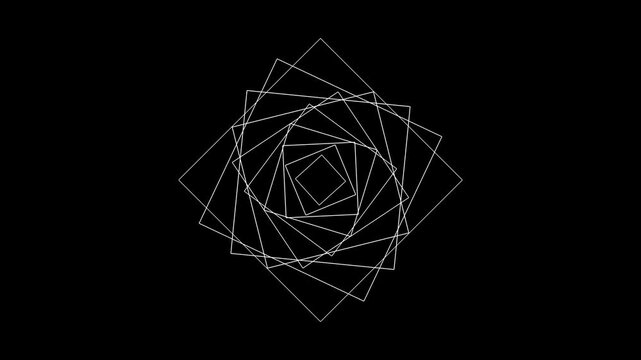 Geometric animation featuring white outlines of squares rotating and scaling to create a complex, shifting spirograph-like star.