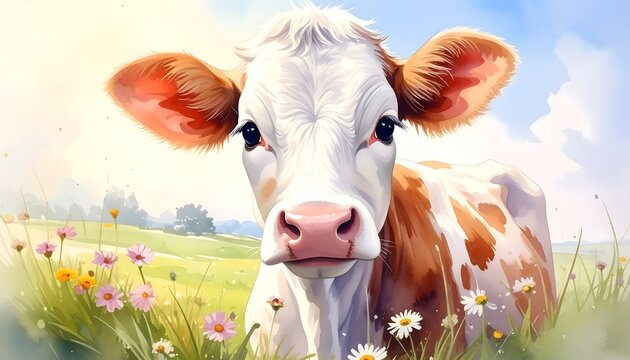 Close-up of a charming bovine calf looking directly at the viewer, set amidst a vibrant meadow filled with wildflowers - Powered by Adobe