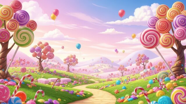 Whimsical candyland landscape. Candyland background