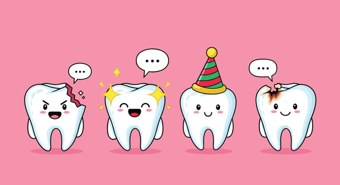 Row of cartoon tooth characters demonstrating various dental issues like cracks, cavities, and pain, as well as a clean healthy tooth.