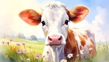 Close-up of a charming bovine calf looking directly at the viewer, set amidst a vibrant meadow filled with wildflowers
